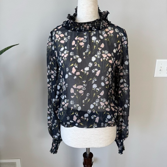 Zara Basics Sheer Floral Ruffle Neck Blouse - Smock Waist and Cuffs - Picture 6 of 9